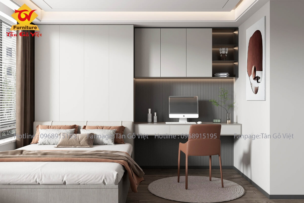 Thi công nội thất phòng ngủ nhỏ có bàn làm việc