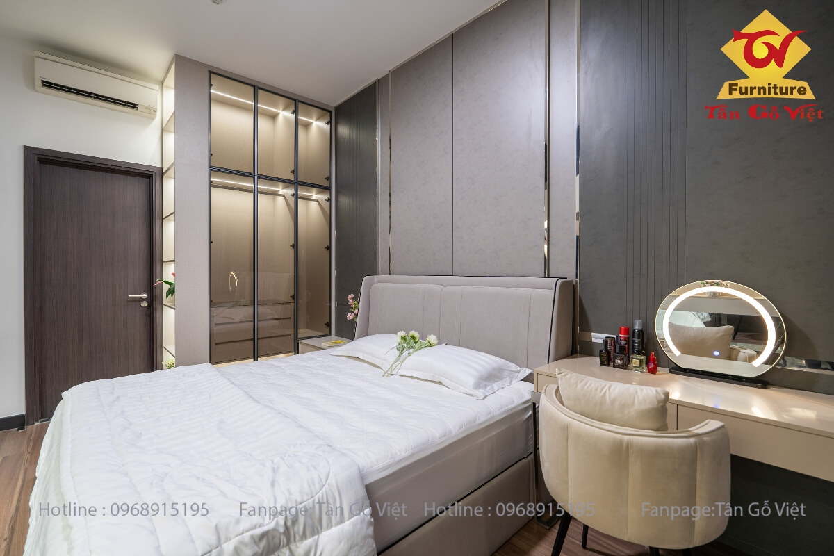 Phòng ngủ có tủ quần áo gỗ công nghiệp