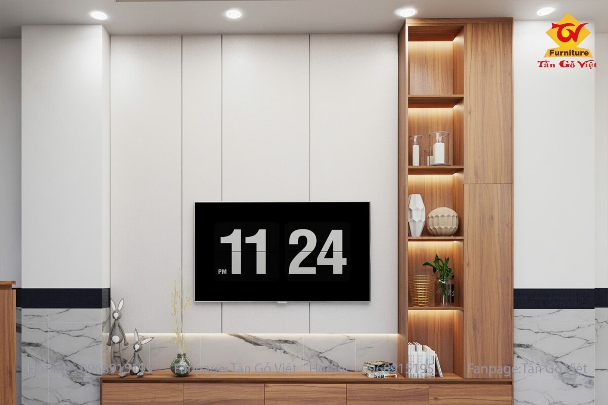 Vách tivi phòng khách gỗ công nghiệp 2025